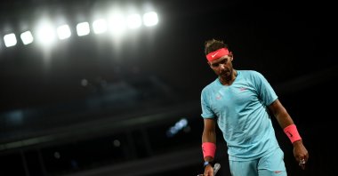 Rafael Nadal reacts during the French Open quarterfinal match against Jannik Sinner, in Paris, France, Oct. 6, 2020. (AFP Photo)
