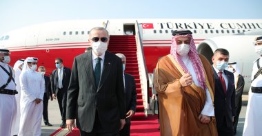 President Recep Tayyip Erdoğan is welcomed by a Qatari delegation headed by Defense Minister Khalid bin Mohammad Al Attiyah during a visit to Doha, Qatar, Oct. 7, 2020. (AA Photo)