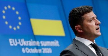 Ukrainian President Volodymyr Zelenskiy gives a press conference at the end of an EU-Ukraine Summit at the European Council in Brussels, Belgium, Oct. 6, 2020. (Reuters Photo)