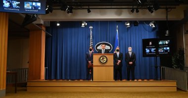 Assistant Attorney General John C. Demers (C) of the National Security Division, FBI Director Christopher Wray (2nd R), U.S. Attorney for the Eastern District of Virginia G. Zachary Terwilliger (L) and Acting Assistant Director in Charge of the FBI Washington Field Office James A. Dawson (R) host a news conference on a national security matter at the Department of Justice, Washington, D.C., U.S., Oct. 7, 2020. (AFP Photo)
