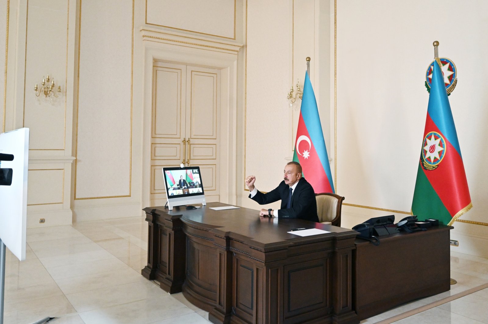 Azerbaijani President Ilham Aliyev gives a televised speech in Baku on Sept. 27, 2020 (Azerbaijani Presidency Handout via AA)