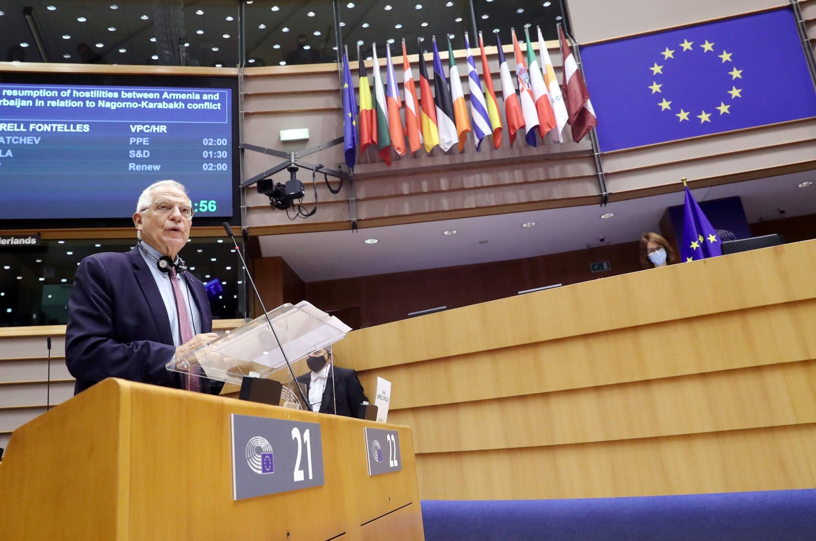 High Representative of the Union for Foreign Affairs and Security Policy Josep Borrell speaks during a plenary session of the European Parliament in Brussels, Belgium, Oct. 7, 2020. (AFP Photo)