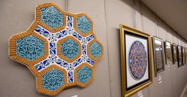 Some works on display at the exhibition of the competition at the National Library, the capital Ankara, Turkey, Oct. 7, 2020. (AA PHOTO)