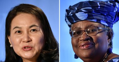 This combination of file photos created on Oct. 7, 2020, shows South Korean Trade Minister Yoo Myung-hee (L) in Geneva, Switzerland, on July 16, 2020; and Nigerian former Foreign and Finance Minister Ngozi Okonjo-Iweala (R) in Geneva, Switzerland, July 15, 2020, as they give news conferences as part of their application process to head the World Trade Organization as director general. (AFP Photo)