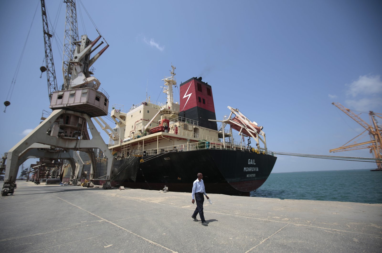 A cargo ship docks at the port in Hodeida, Yemen, Sept. 29, 2018. (AP Photo)