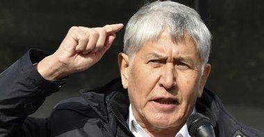 Former President Almazbek Atambayev speaks to his supporters during a rally in Bishkek, Kyrgyzstan, Friday, Oct. 9, 2020. (AP Photo)