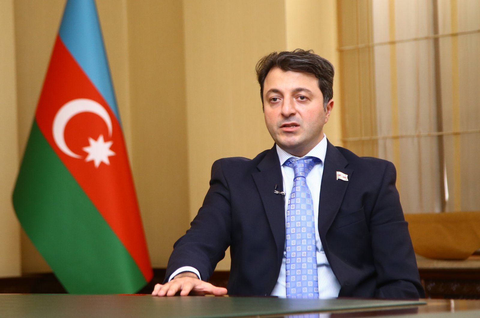 Tural Ganjaliyev, head of the Azerbaijani community of the Nagorno-Karabakh region, speaks in an interview with Anadolu Agency (AA), Oct. 9, 2020. (AA Photo)