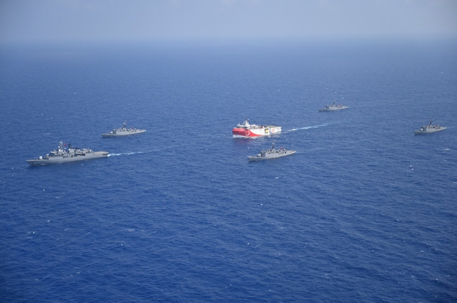 Turkish seismic research vessel Oruc Reis is escorted by Turkish Navy ships as it sets sail in the Mediterranean Sea, off Antalya, Turkey, Aug. 10, 2020. (Photo by Turkish Defense Ministry via Reuters )