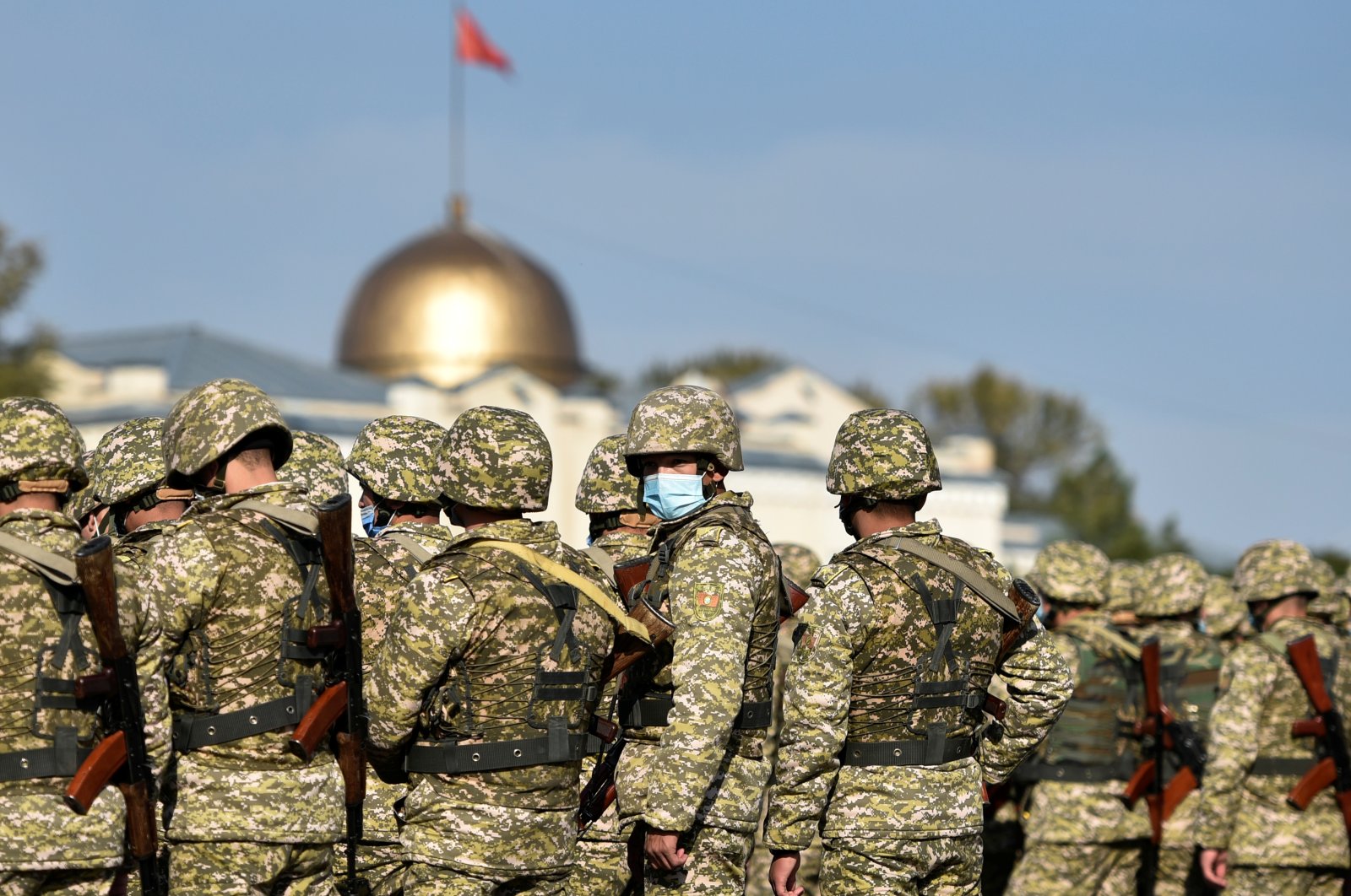 Members of Kyrgyz armed forces line up in Ala-Too Square after President Sooronbai Jeenbekov declared a state of emergency in the capital and ordered troops to be deployed there, in Bishkek, Kyrgyzstan Oct. 10, 2020. (Reuters Photo)
