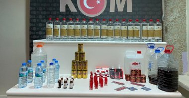 Police display bootleg alcohol seized in operations in Kırıkkale, central Turkey, Oct. 9, 2020. (AA Photo)