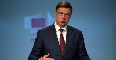 European Commission Vice-President Valdis Dombrovskis addresses the media on EU's anti-fraud package during a news conference in Brussels, Belgium, July 15, 2020. (Reuters Photo)
