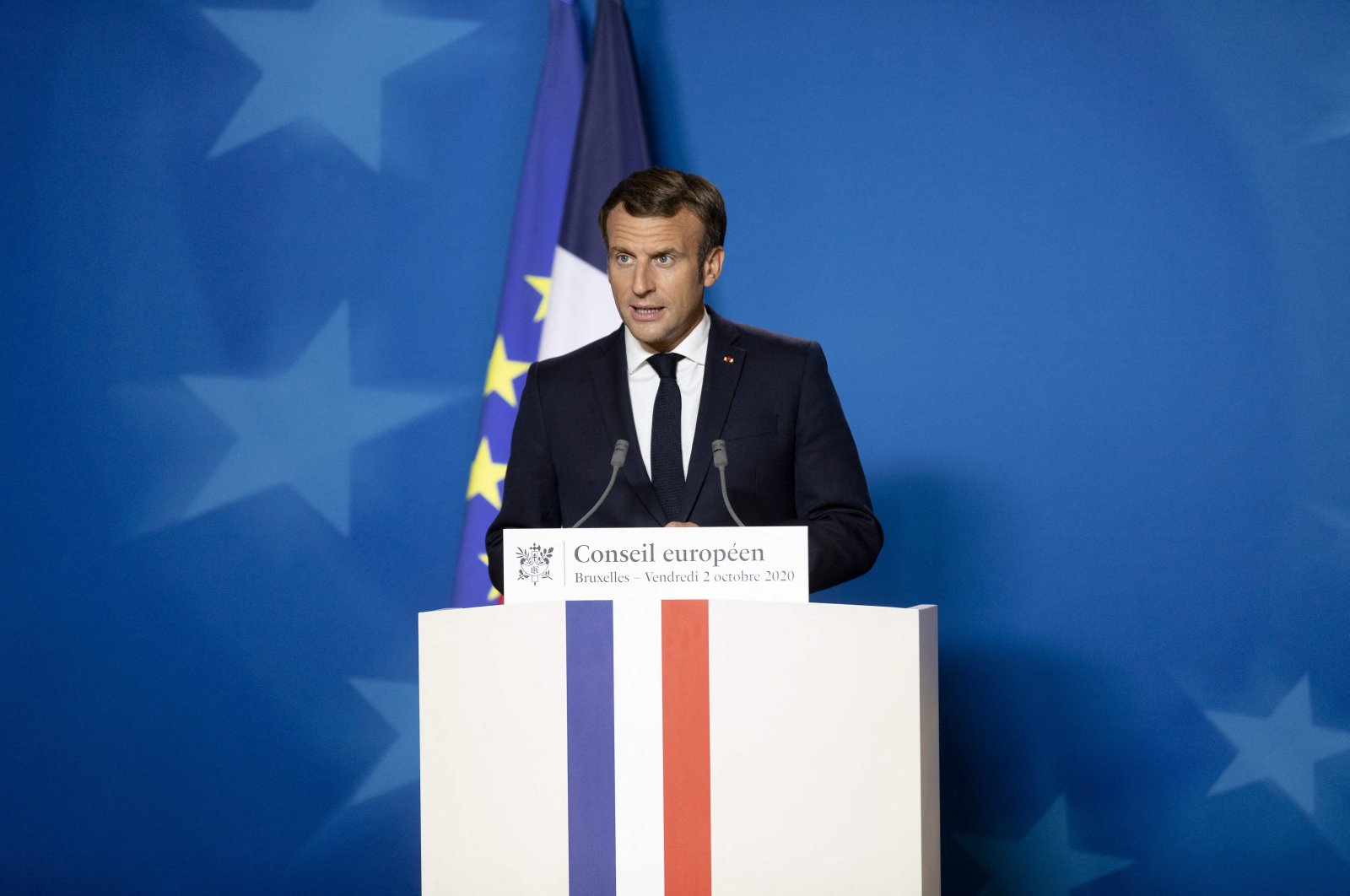 French President Emmanuel Macron speaks at the end of the first day of an EU summit, in Brussels, Belgium, Oct. 2, 2020. (Reuters Photo)