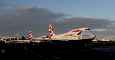A retired British Airways Boeing 747-400 parked at Cotsworld Airport in Kemble, England, Oct. 11, 2020. (AP Photo)