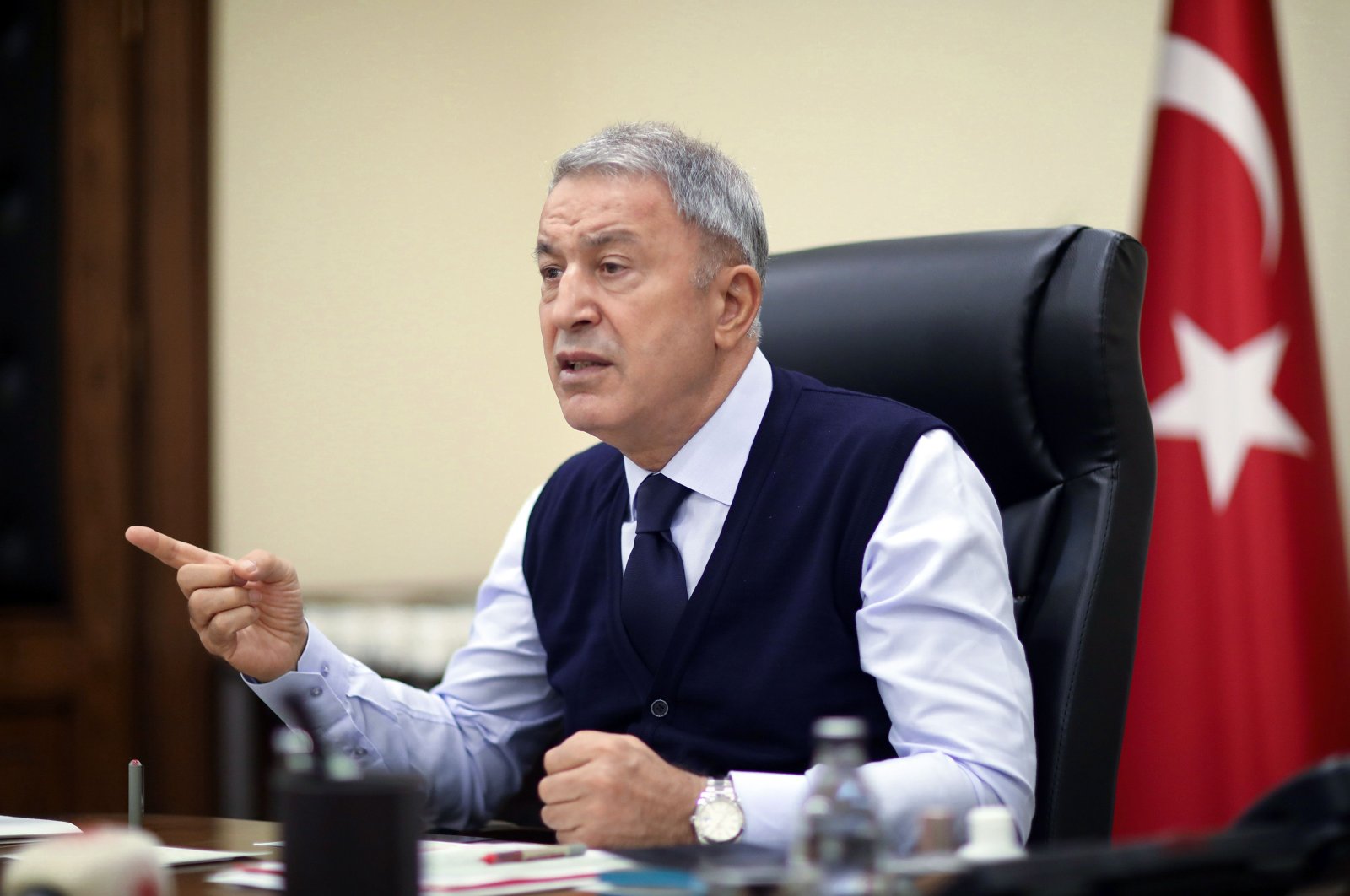 National Defense Minister Hulusi Akar speaks as he chairs a teleconference call meeting in the capital Ankara, Oct. 5, 2020. (AFP)