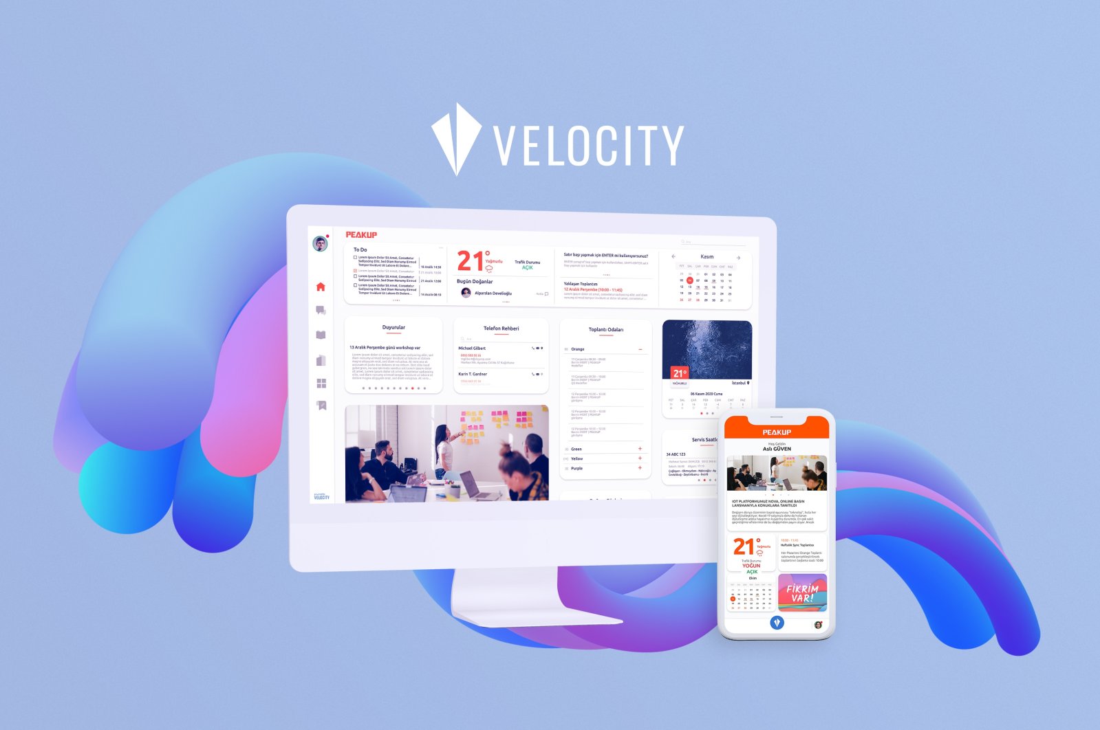 A photo shows the user interface of Velocity on a desktop computer and mobile device. (Photo courtesy of PEAKUP)