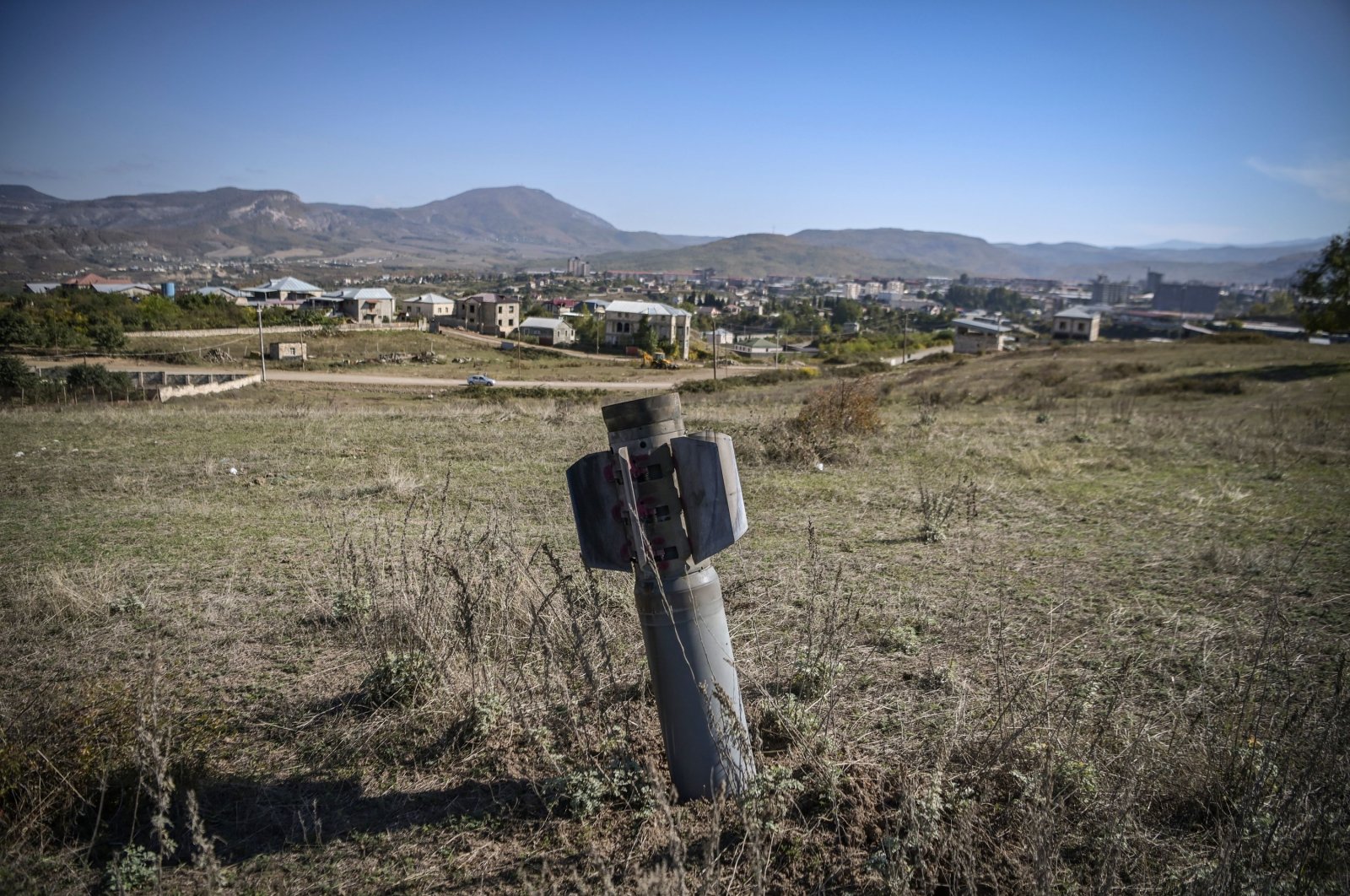 An unexploded BM-30 Smerch missile on the outskirts of Stepanakert (Khankendi), near the Armenia-occupied Nagorno-Karabakh, Azerbaijan, Oct. 12, 2020. (AFP Photo)