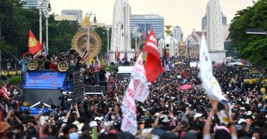 Pro-democracy demonstrators march during a Thai anti-government mass protest, on the 47th anniversary of the 1973 student uprising, in Bangkok, Thailand, Oct. 14, 2020. (Reuters Photo)