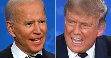 In this combination of pictures, Democratic Presidential candidate and former U.S. Vice President Joe Biden (L) and U.S. President Donald Trump speak during the first presidential debate at the Case Western Reserve University and Cleveland Clinic in Cleveland, Ohio, created on Sept. 29, 2020. (AFP Photo)