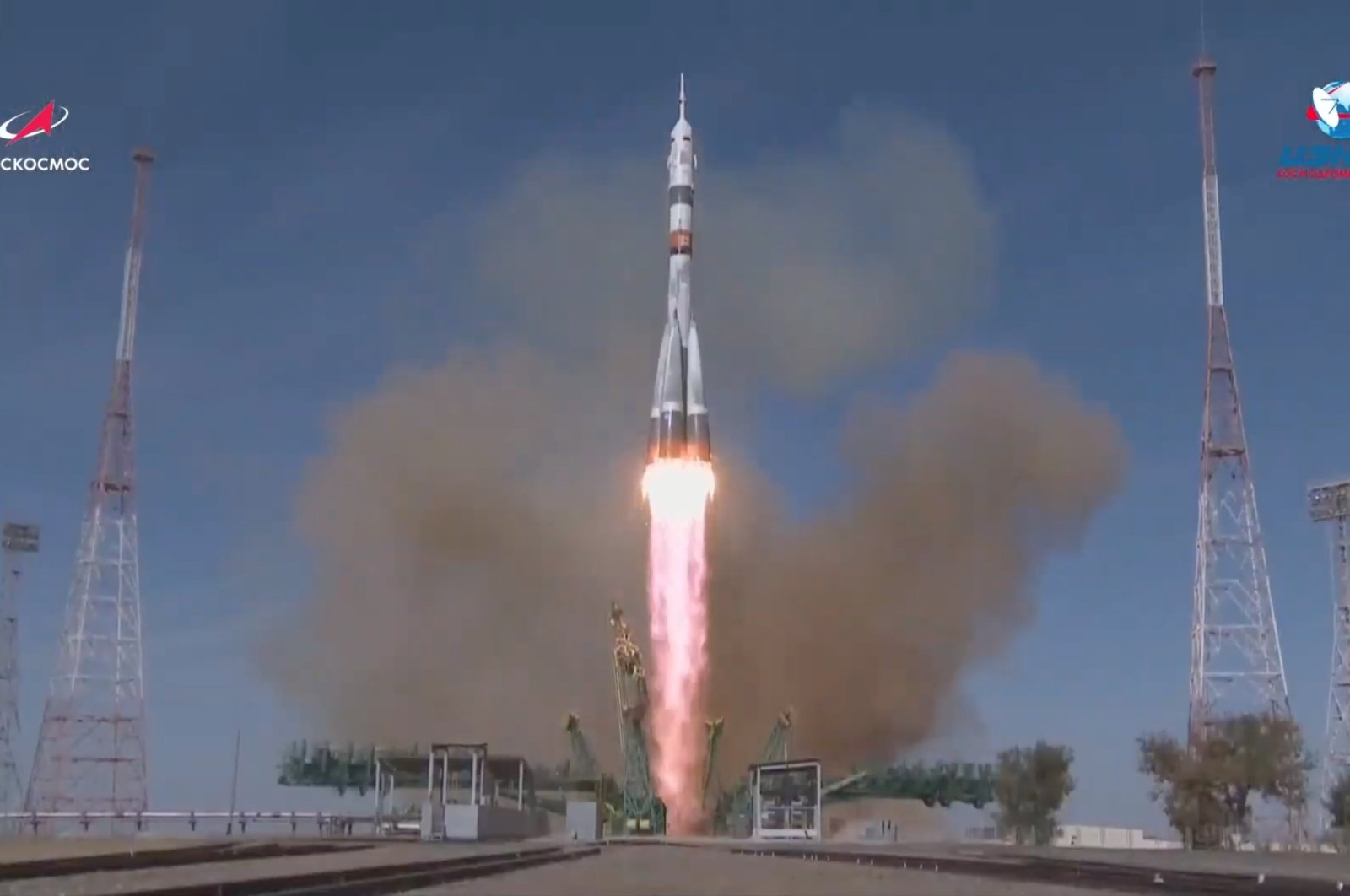 The Soyuz MS-17 spacecraft carrying the crew formed of Kathleen Rubins of NASA, Sergey Ryzhikov and Sergey Kud-Sverchkov of the Russian space agency Roscosmos blasts off to the International Space Station (ISS) from the launchpad at the Baikonur Cosmodrome, Kazakhstan in this still image taken from video, Oct. 14, 2020. (Russian space agency Roscosmos via Reuters)