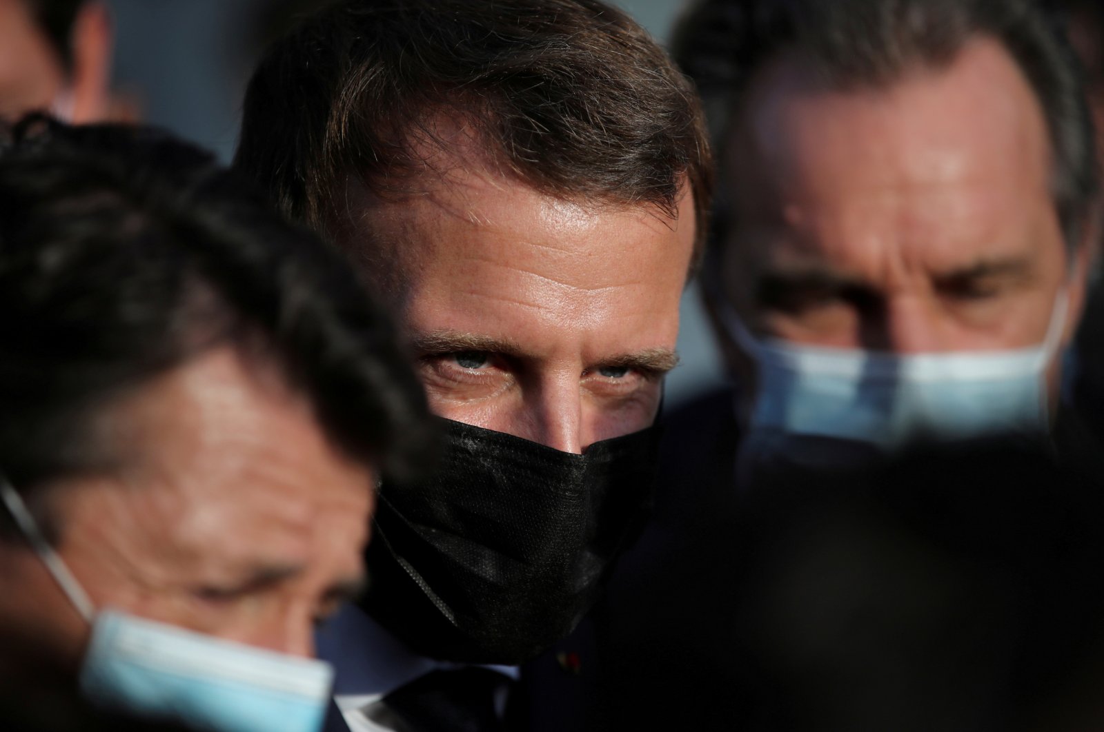 French President Emmanuel Macron meets residents and officials as he arrives in Breil-sur-Roya, France, Oct. 7, 2020. (Reuters Photo)