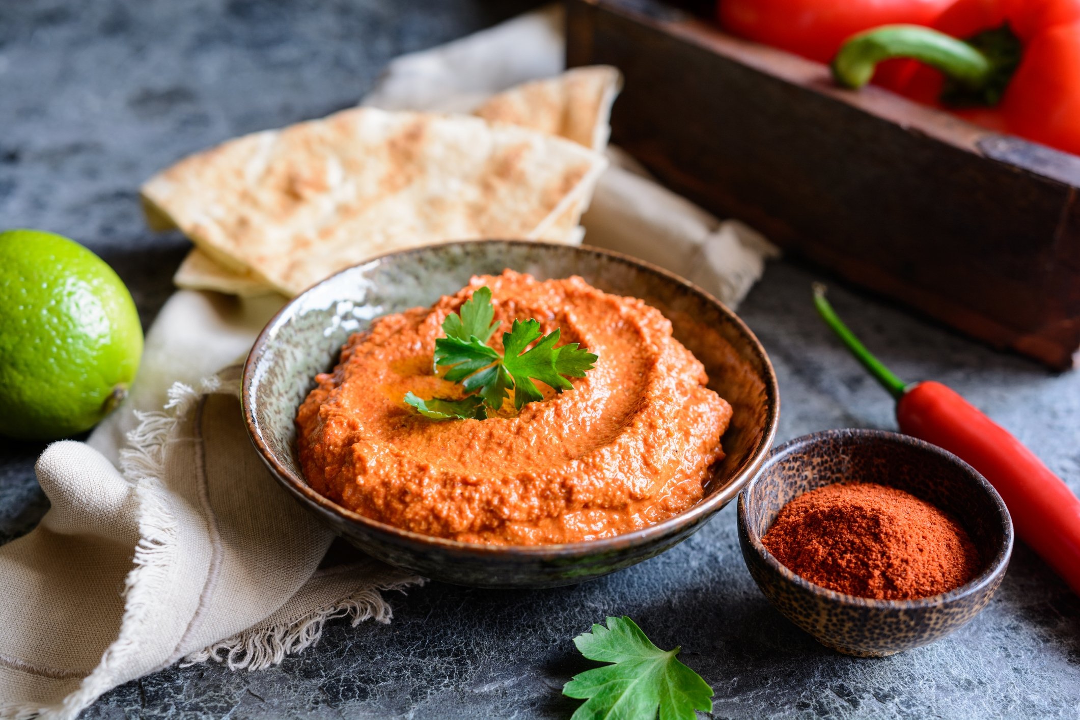 Muhammara, a walnut and roasted red bell pepper dip. (iStock Photo)