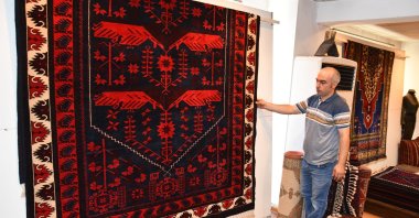 A Yağcıbedir carpet is seen with its vivid colors in Sındırgı district, Balıkesir, western Turkey, Oct. 14, 2020. (AA Photo)