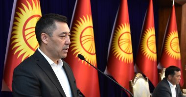 Kyrgyz Prime Minister Sadyr Zhaparov speaks at an extraordinary session of the Parliament at the Ala-Archa state residence, Bishkek, Oct. 10, 2020. (AFP Photo)