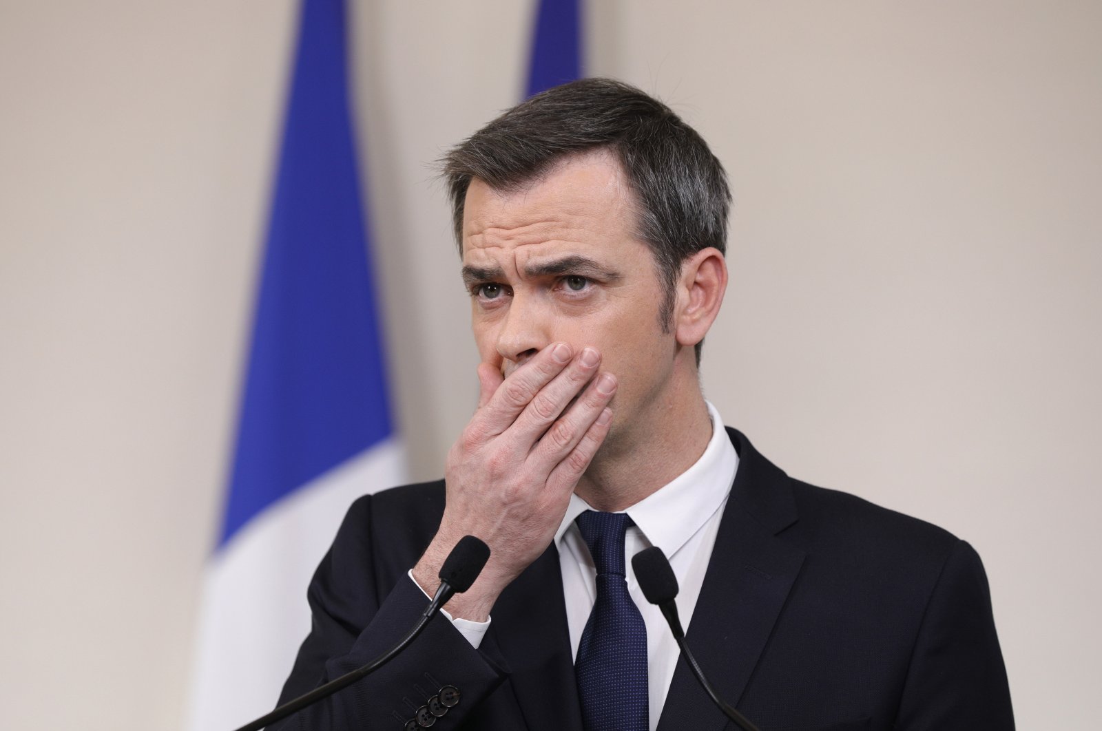 French Minister for Solidarity and Health Olivier Veran speaks during a press conference in Paris on March 28, 2020. (AP Photo)