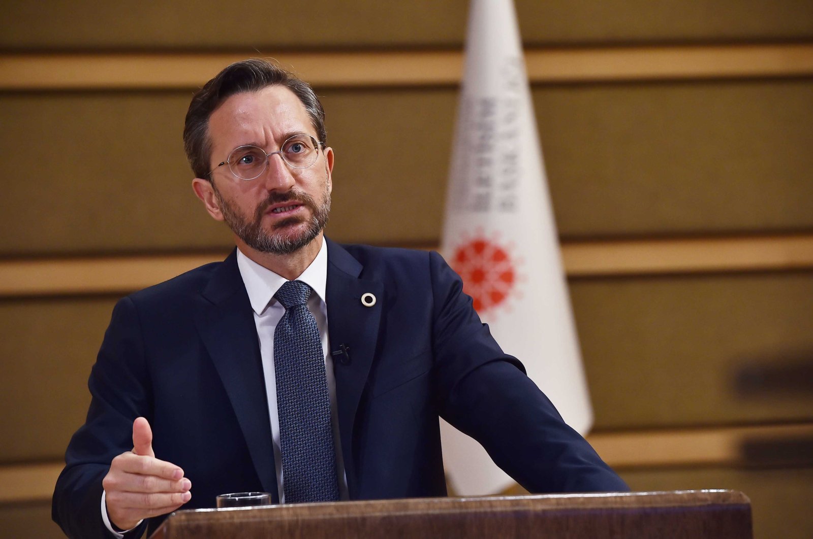 Presidential Communications Director Fahrettin Altun speaks during a videoconference on improving the rights of press workers, in the capital Ankara, Aug. 6, 2020. (AA Photo)