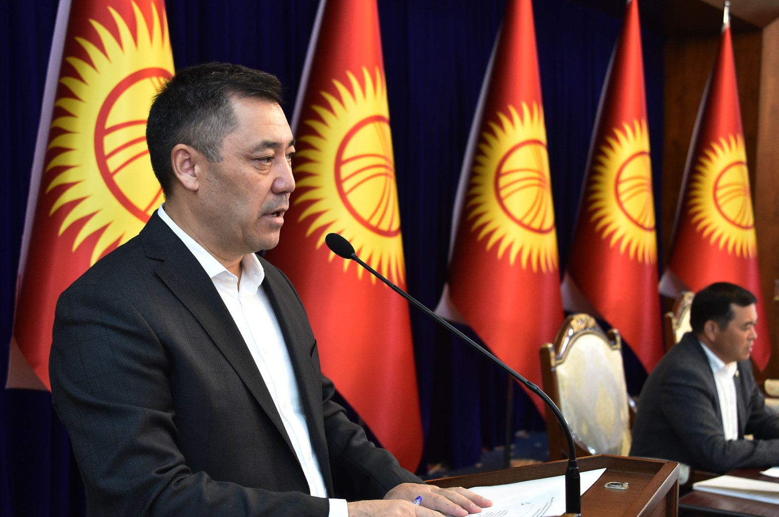Kyrgyz Prime Minister Sadyr Zhaparov speaks at an extraordinary session of the Parliament at the Ala-Archa state residence, Bishkek, Oct. 10, 2020. (AFP Photo)