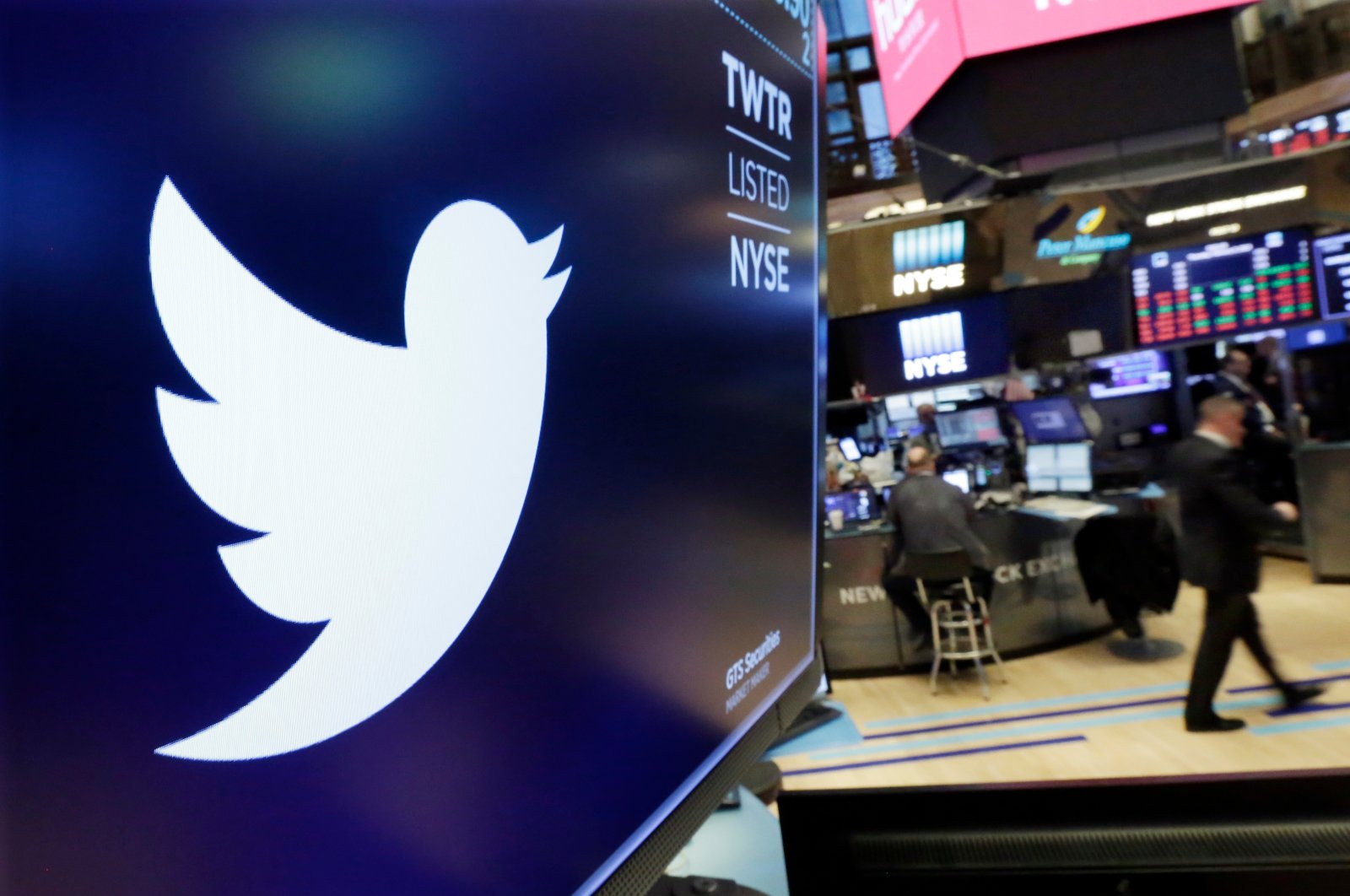 The logo for Twitter is displayed above a trading post on the floor of the New York Stock Exchange, Feb. 8, 2018. (AP Photo)