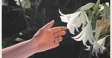 Mustafa Hulusi, "Untitled (White Lily and Hand)" 213 by 305 centimeters, 2015.
