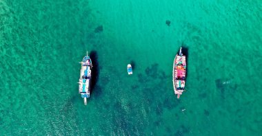 Tour vessels are seen from above off Turkey's Aegean coast, in western Aydın province, Oct. 16, 2020. (AA Photo)