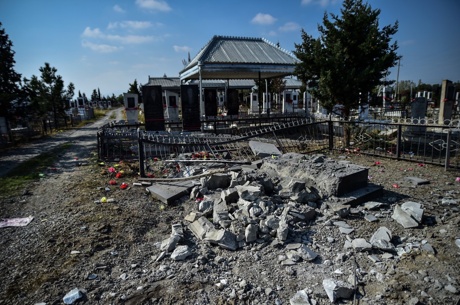 A cemetery damaged by Armenian shelling in the Tartar province of Azerbaijan, Oct. 15, 2020. (İHA Photo)
