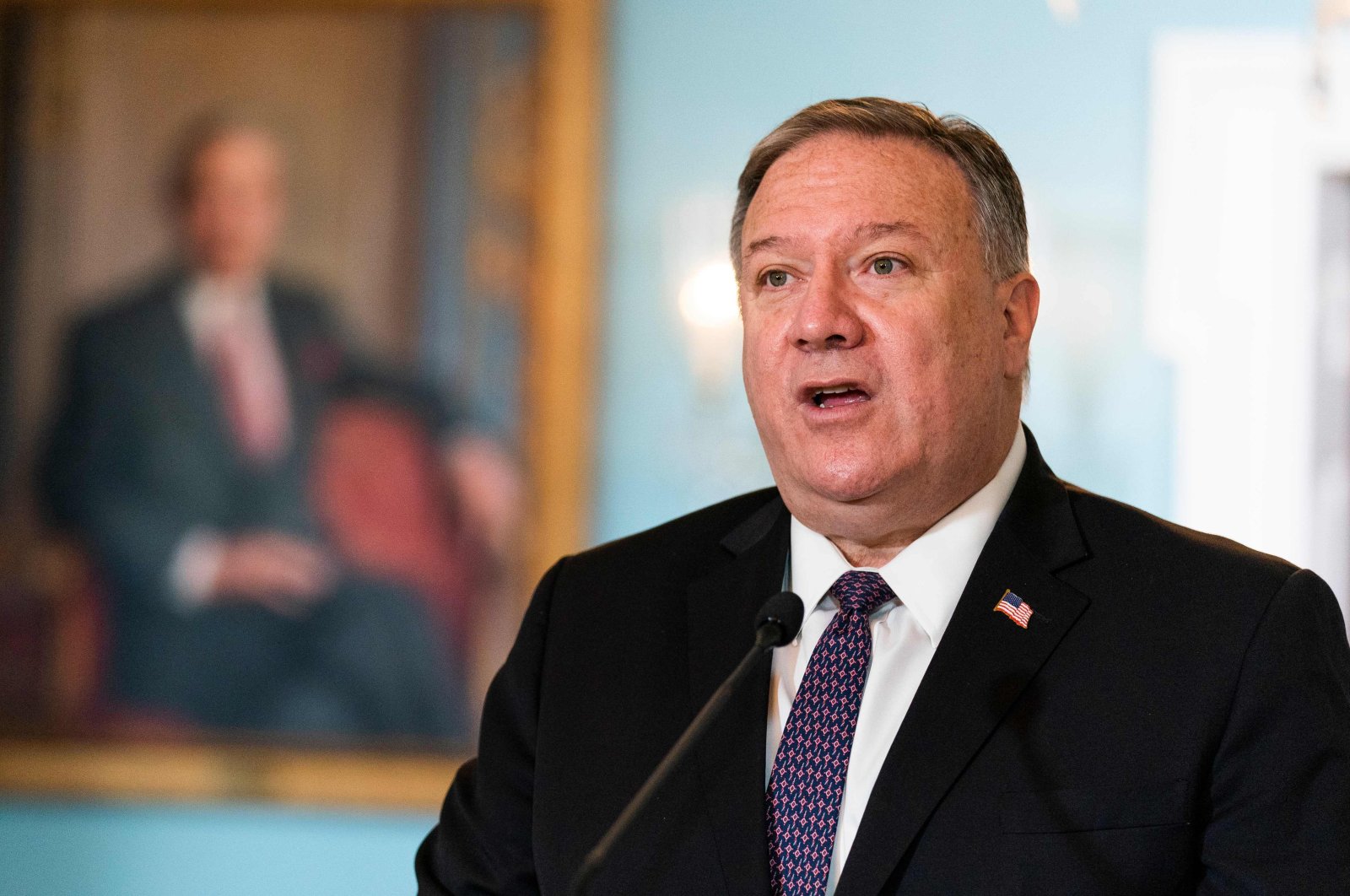 U.S. Secretary of State Mike Pompeo speaks during his meeting with Saudi Minister of Foreign Affairs Prince Faisal bin Farhan Al Saud at the State Department, Oct. 14, 2020, in Washington, DC. (AFP Photo)