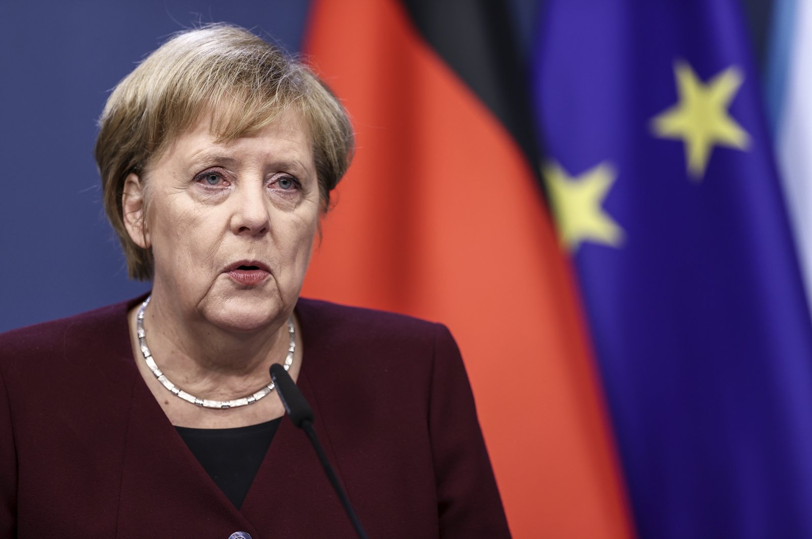 German Chancellor Angela Merkel speaks during a news conference at the end of an EU summit in Brussels, Belgium, Oct. 16, 2020. (AP Photo)