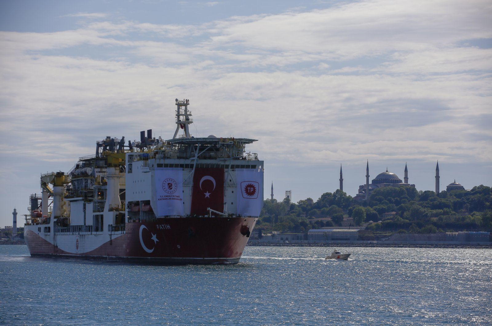 Turkey's drilling ship, Fatih, heading toward Black Sea, Istanbul, Turkey on May 29, 2020. (AP Photo)