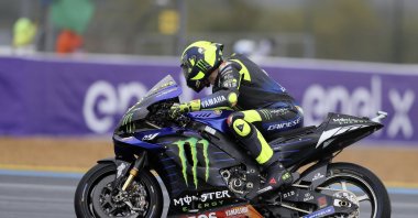 Valentino Rossi a warmup before the French MotoGP race, in Le Mans, France, Oct. 11, 2020. (AP Photo)