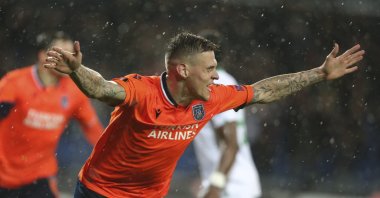 Başakşehir's Martin Skrtel celebrates a goal against Sporting Lisbon during a UEFA Europa League match, in Istanbul, Turkey, Feb. 27, 2020. (AP Photo)