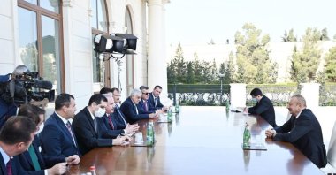 Turkey's Parliament Speaker Mustafa Şentop (L) came together with Azerbaijan's President Ilham Aliyev to hold official talks, Oct. 19, 2020 (AA Photo)
