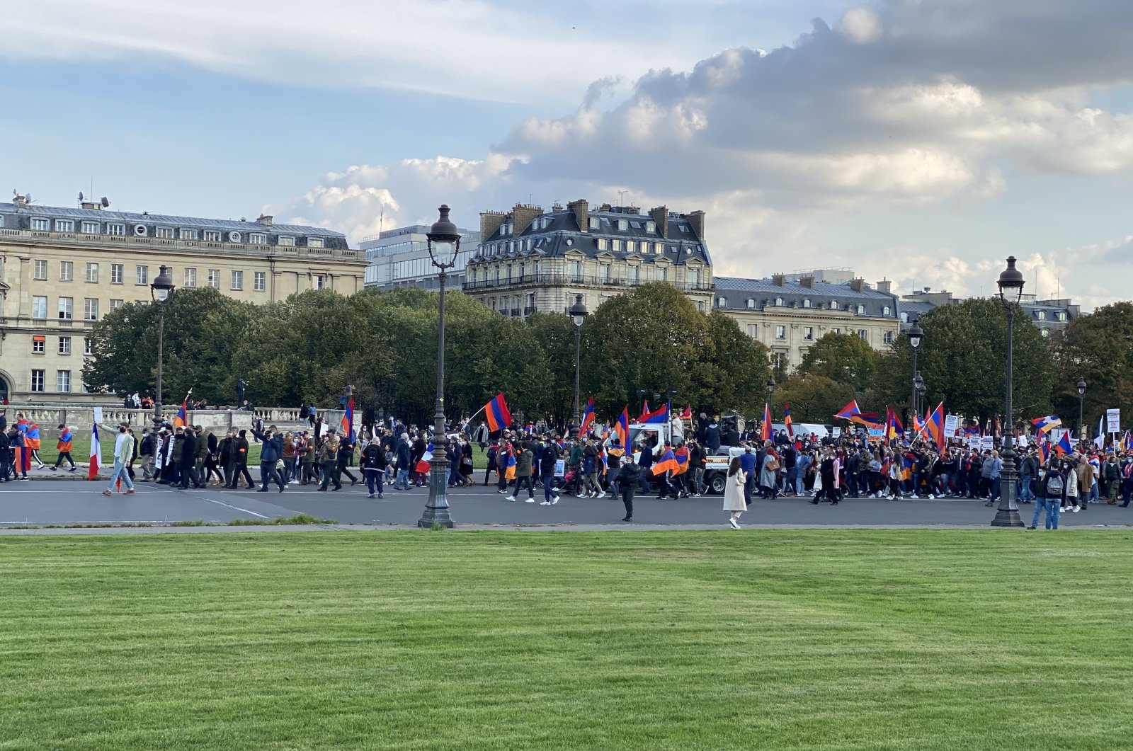 Armenians and PKK terrorists hold a demonstration against Azerbaijan and Turkey in the French capital Paris, Oct. 18, 2020. (AA Photo)