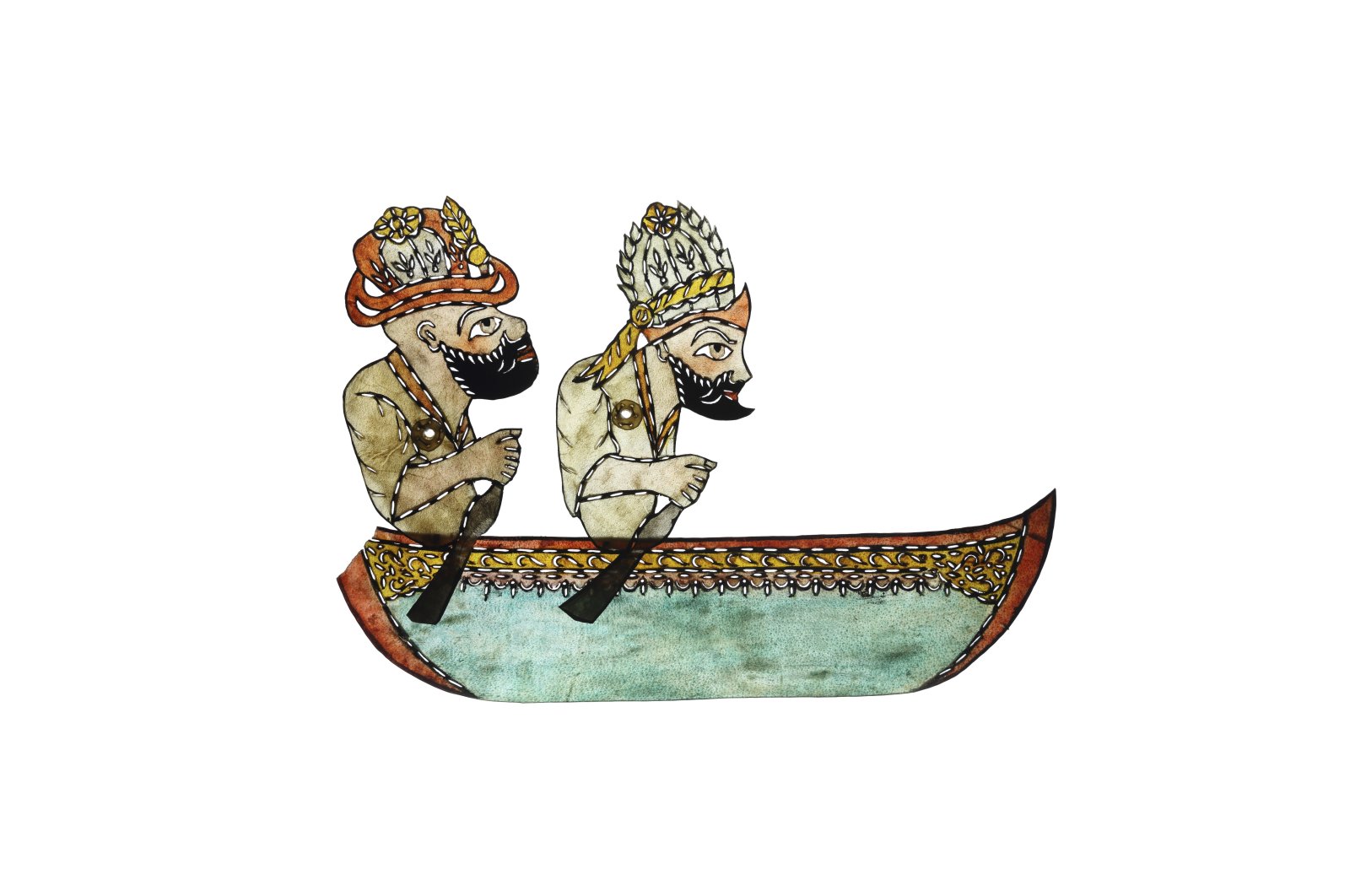 "Karagöz and Hacivat in a Boat," camel leather, 25.7 by 36.5 centimeters (10.1 by 14.3 inches), Yapı Kredi Museum. (Courtesy of YKY Arts and Culture)
