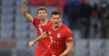 Bayern Munich’s Robert Lewandowski celebrates scoring a goal during a Bundesliga match against Hertha Berlin, in Munich, Germany, Oct. 4, 2020. (Reuters Photo)