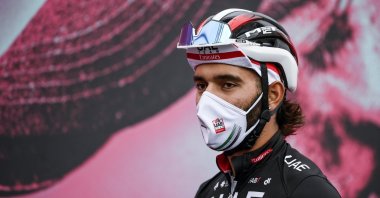Fernando Gaviria before the 13th stage of Giro d'Italia, near Cervia, Italy, Oct. 16, 2020. (AP Photo)