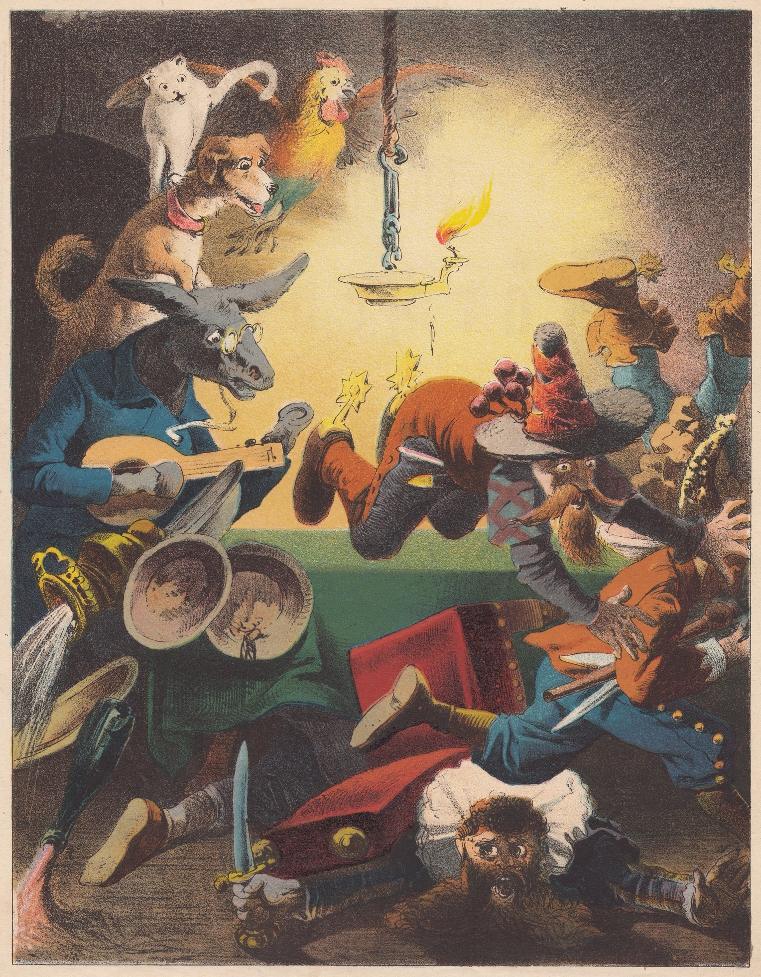 Colour lithograph showing a scene from "The Town Musicians of Bremen" fairy tale by the Brothers Grimm in the “Tales of Children and the Home”, eight stories of which were inspired by “One Thousand and One Nights”. (iStock Photo)