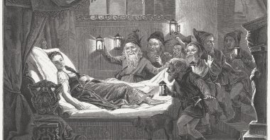 Wood engraving showing a scene from the “Snow White and the Seven Dwarfs” fairy tale by the Brothers Grimm in the “Tales of Children and the Home”, eight stories of which were inspired by “One Thousand and One Nights”. (iStock Photo)