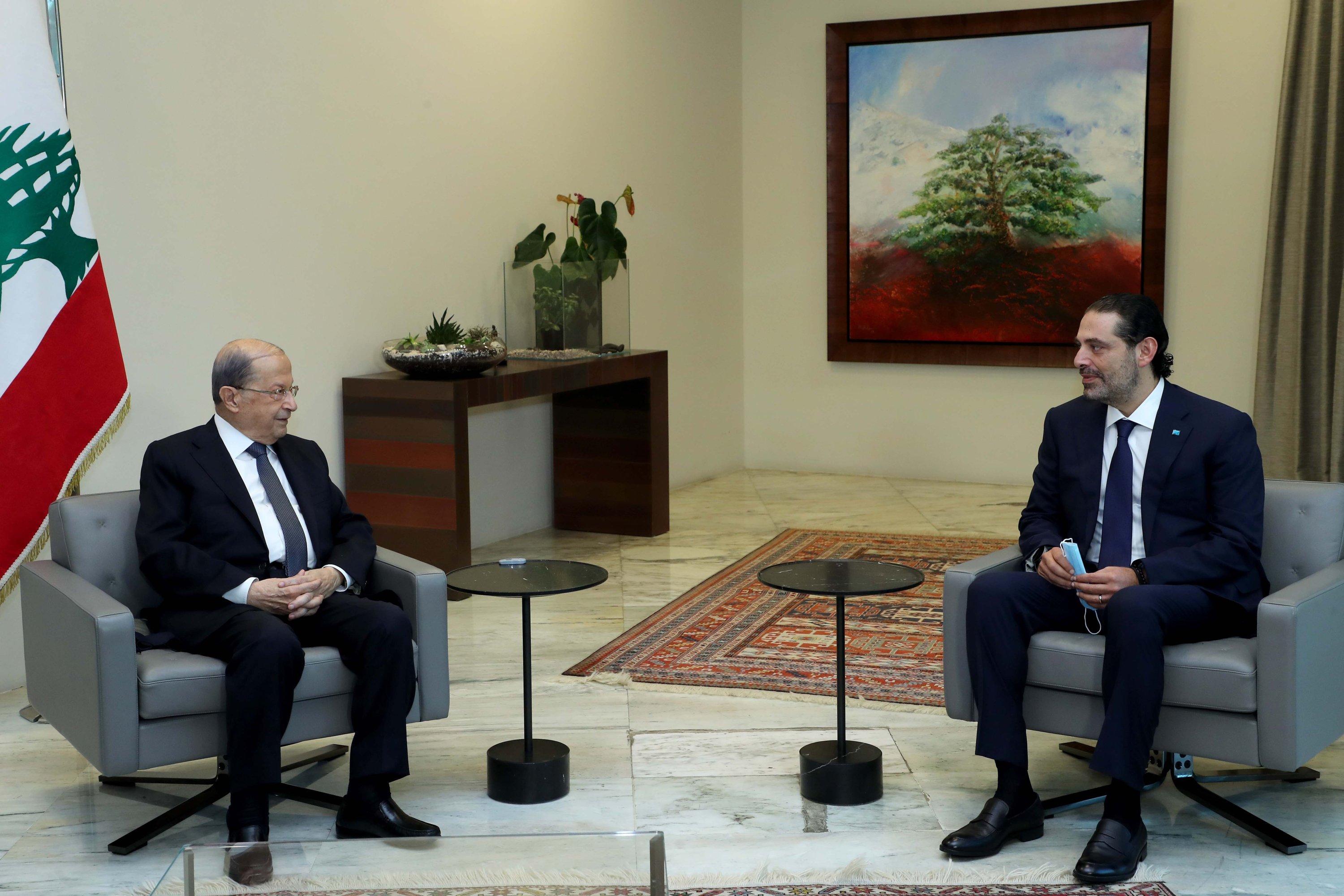 Lebanon's President Michel Aoun and former prime minister Saad Hariri meet at the presidential palace, Baabda, Oct. 22, 2020. (AA Photo)
