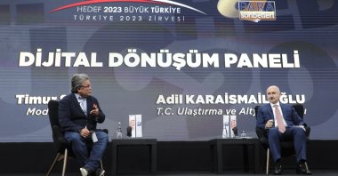 Transport and Infrastructure Minister Adil Karaismailoğlu (R) speaks during the 3rd Turkey 2023 Summit in Istanbul, Turkey, Oct. 22, 2020. (IHA Photo)