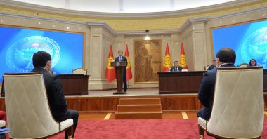 Kyrgyzstan's former President Sooronbai Jeenbekov addresses the Kyrgyz parliament at the Ala-Archa state residence, Bishkek, Oct. 16, 2020. (AFP Photo)