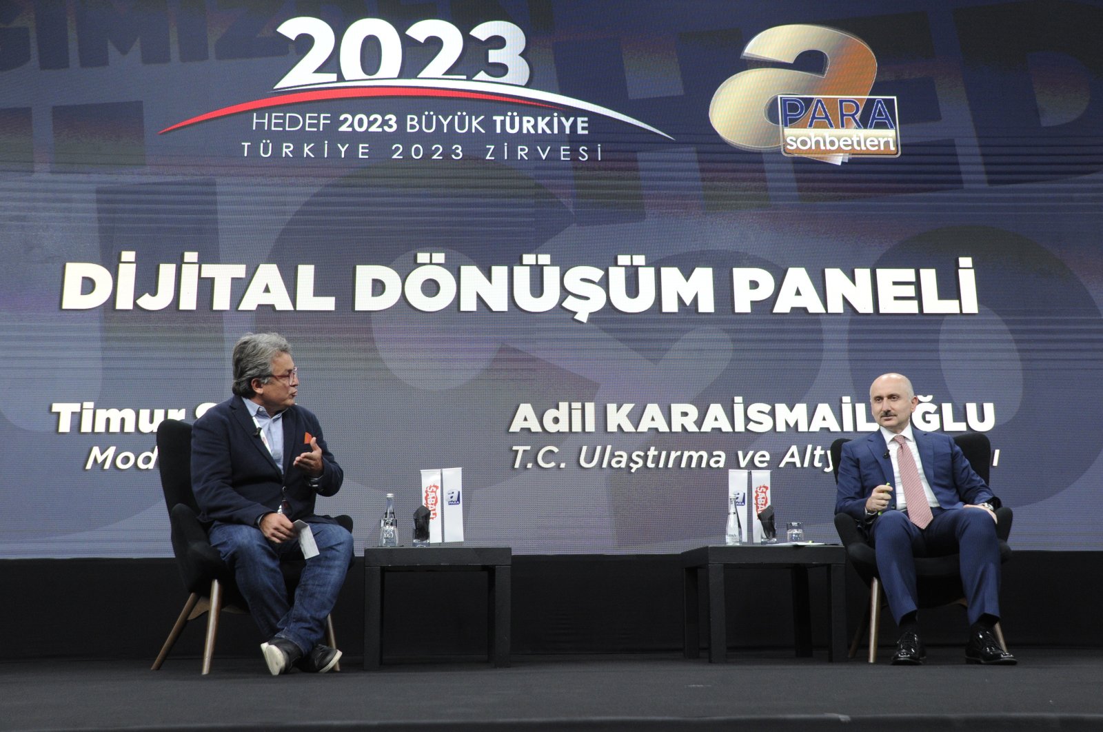 Transport and Infrastructure Minister Adil Karaismailoğlu (R) speaks during the 3rd Turkey 2023 Summit in Istanbul, Turkey, Oct. 22, 2020. (IHA Photo)